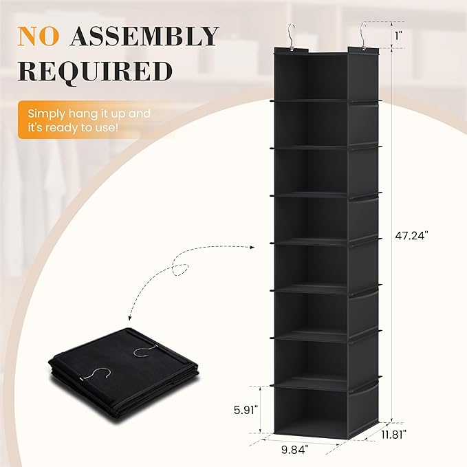 YOUDENOVA Upgraded Extra Wide Hanging Shoe Organizer for Closet, 8-Shelf Storage Organizer with 8 Side Pockets, Hanging Shoe Rack for Hats Clothes Jeans, Black