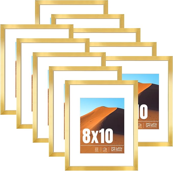 LaVie Home 8x10 Picture Frame Gold Set of 10, Display 5x7 with Mat or 8 x 10 Without Mat Picture, Photo Frame Collage for Wall Gallery or Table Deco, Hanging or Tabletop Display