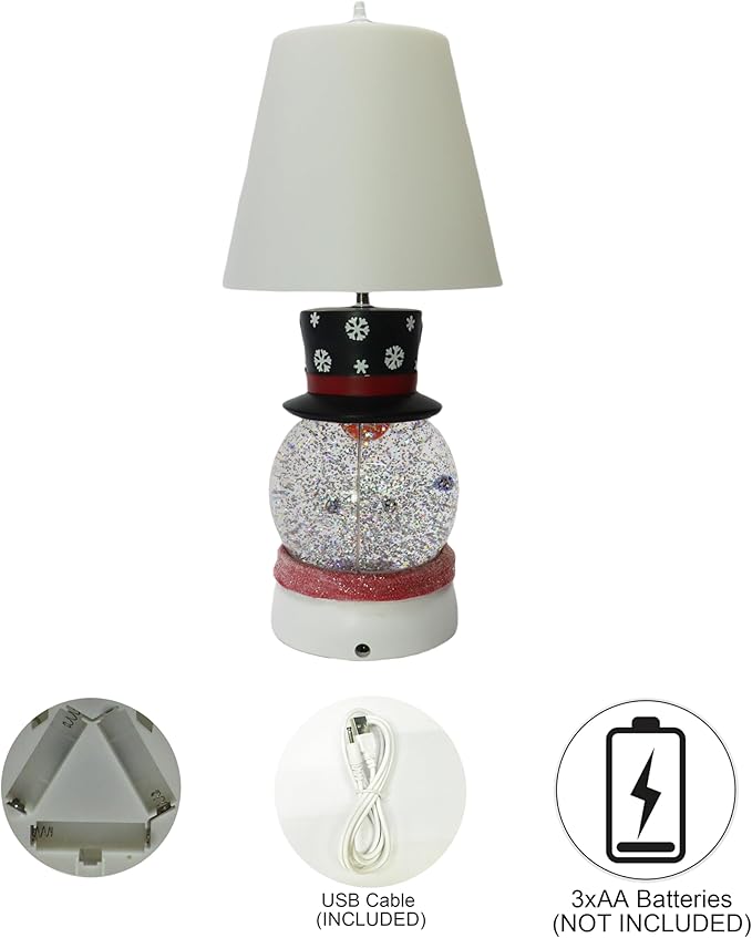 MOMENTS IN TIME Christmas Snowman Table Lamp with Glitter Spinning Water Globe, LED Lighted Holiday Lamp with Fabric Shade, USB or Battery Operated, 17.5 Inch Decorative Home Decor