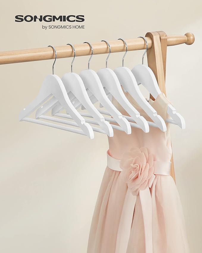 SONGMICS Kids Wooden Hangers 20 Pack, Solid Wood Baby Hangers, Children's Coat Hangers with Pants Bar, Shoulder Notches, Swivel Hooks, 12.6 x 7.5 Inches, White and Silver UCRW006W20