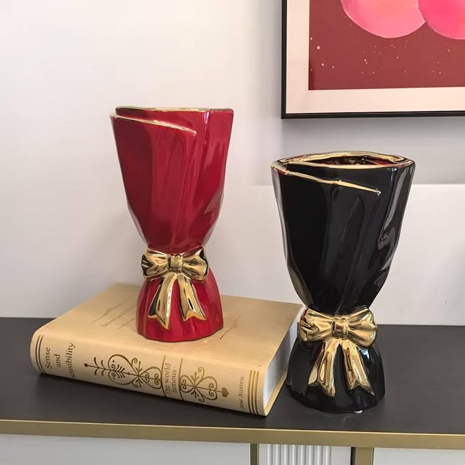 Black and Gold Bow Ceramic Vase - Flower Vases for Home Decor, Bow Decor, Boho Style, 9.65 Inch Flower Vases for Bouquet, Large Vase for Ideal Shelf Decor/Table (Black and Gold, Large)