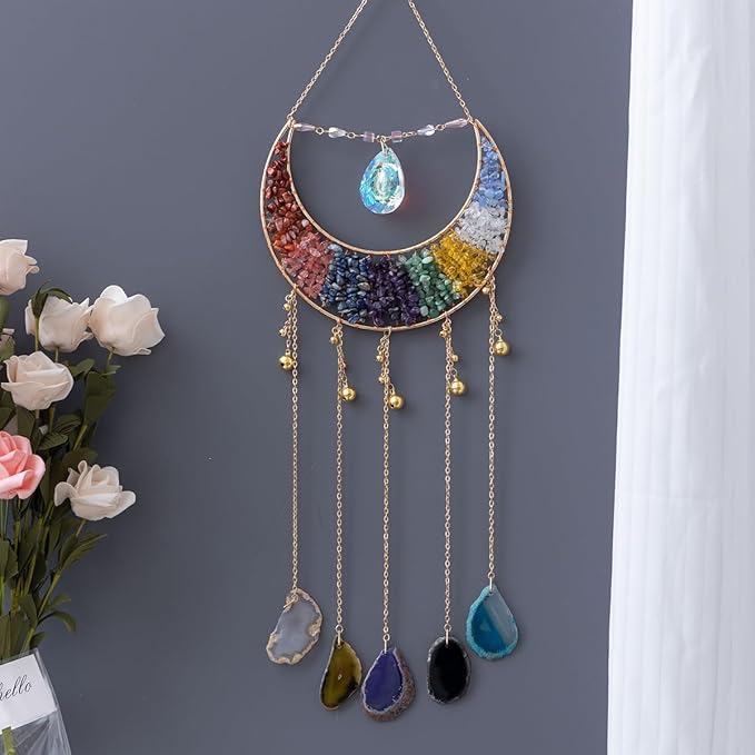 Crystal Stone Agate Ornament Natural Gem Tree of Life Moon Dream Catchers with Crystal 7 Chakra Gemstone Rainbow Catchers Color Natural Gem Agate Wall Hangings Room Dreamcatcher Decor (Multicolor)