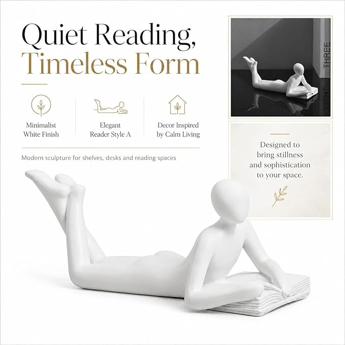 White Reading Statue Style A, Abstract Reader Figurine, Resin Book Decor for Bookshelf, Coffee Table, Desk Shelf Decor, Gift for Book Lovers