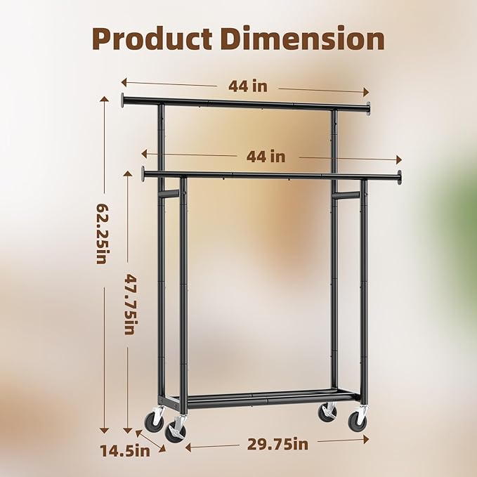 Simple Trending Clothes Rack, Double Rods Clothing Rack for Hanging Clothes, Metal Garment Rack with Rolling Wheels, Portable Wardrobe Closet Rack for Coat, Bedroom, Laundry, Black