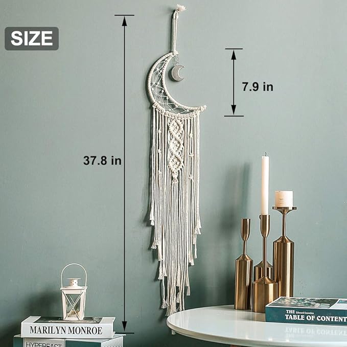MOONFLY Dream Catcher with Handmade Moon Star Design Woven Cotton Macrame Wall Hanging Boho Home Decoration Ornament Craft Gift for Bedroom Living Room Wedding Party (White Moon)