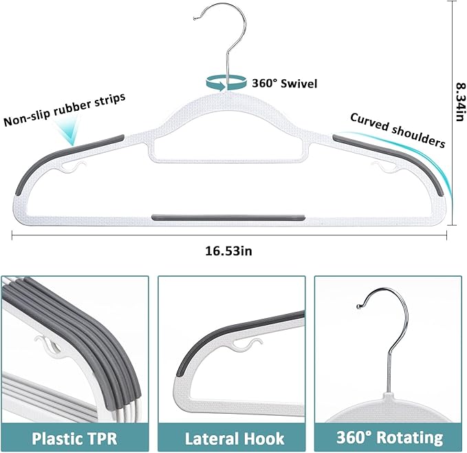 50-Pack Coat Hangers, Space Saving Plastic Clothes Hangers, Non-Slip, 0.2 Inches Slim, 16.53 Inches Wide, 360° Swivel Silver Hook for Shirts, Pants & Wet/Dry Garments, White and Dark Gray