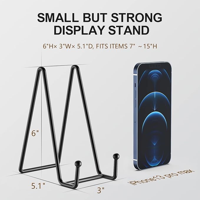 3 Pack 6 Inch Plate Stands for Display Picture - Vinyl Table Top Display, Decorative Metal Frame Holders for Book , Photo and Platter, Tabletop Art, Black 3 Packs