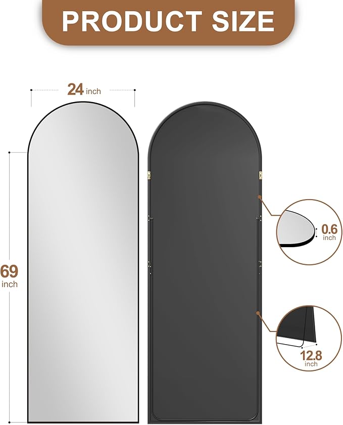 Delma Full Length Mirror, Large Floor Mirror for Wall, Bedroom, Bathroom, Living Room with Aluminium Frame (Stand, Arch 69x24, Black)