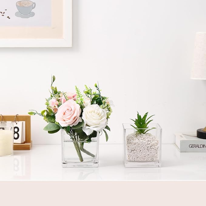 Square Glass Vases Set of 4, 4"x 4"x 4" Flower Vases for Centerpieces, Clear Glass Vase for Flowers, Small Vase for Wedding, Party, Home Office Decoration