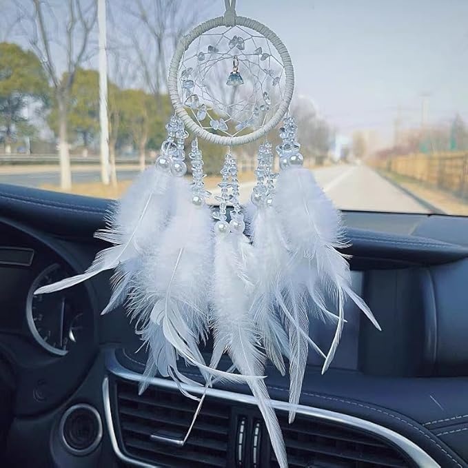 Dream Catcher for car,car Decorations for Women,Feather Dream Catcher Crystal Charm Bling Deco Accessories Hanging Ornaments,Christmas Hanging,Xmas Gift for Girl (White)