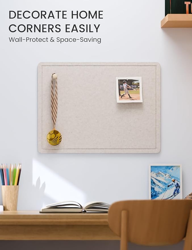 Fluxynara Bulletin Board, 23.6" x 17.5" Cork Board Alternative with 12 Safe Removable Adhesive Tabs, Foldable Felt Pin Board for Home Office, Classroom, Bedroom,Entryway for Walls—Oatmeal