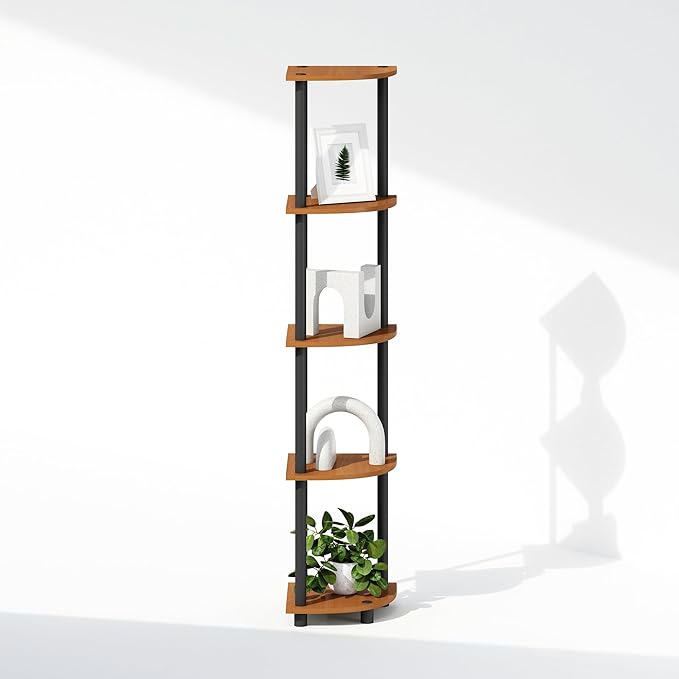 Furinno Turn-N-Tube Storage Shelves, 5-Tier Book Shelf, Corner Shelf, Toolless Open Shelves, for Organization and Storage, Living Room, Home Office, Hallway, Bedroom, Light Cherry