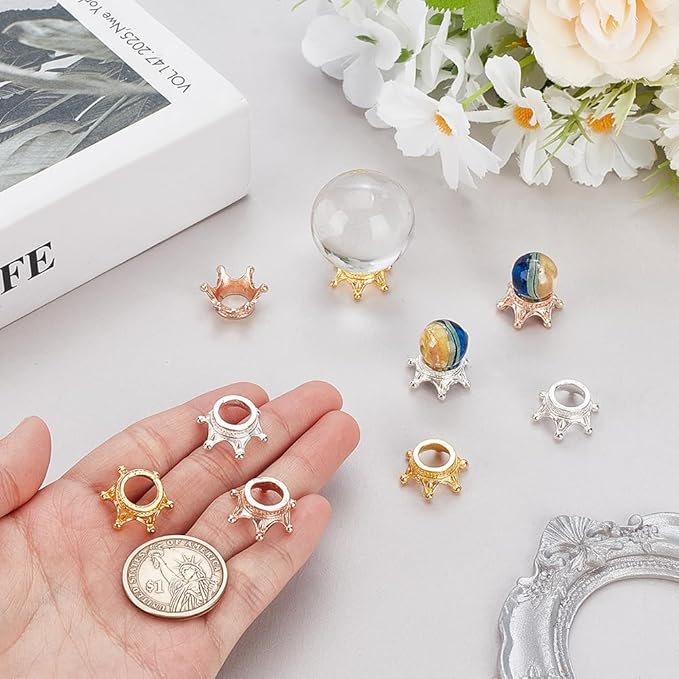 18 Pcs 3 Colors Mini Crown Crystal Ball Stands, Vintage Decor Metal Tabletop Display Pedestals for Natural Crystal Ball Collection and Home Decoration