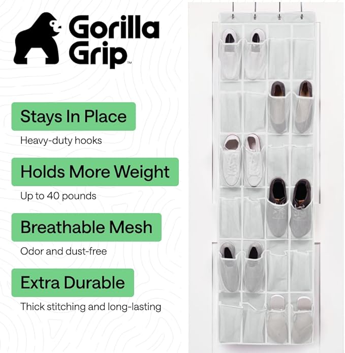 GORILLA GRIP Over the Door Shoe Organizer, 2 Pack, 24 Breathable Mesh Pockets, Space Saving Hanging Storage Holder, Closet Rack Hanger Holds Up to 40 lbs, Hangs on Closets, Shoes, Accessories, White