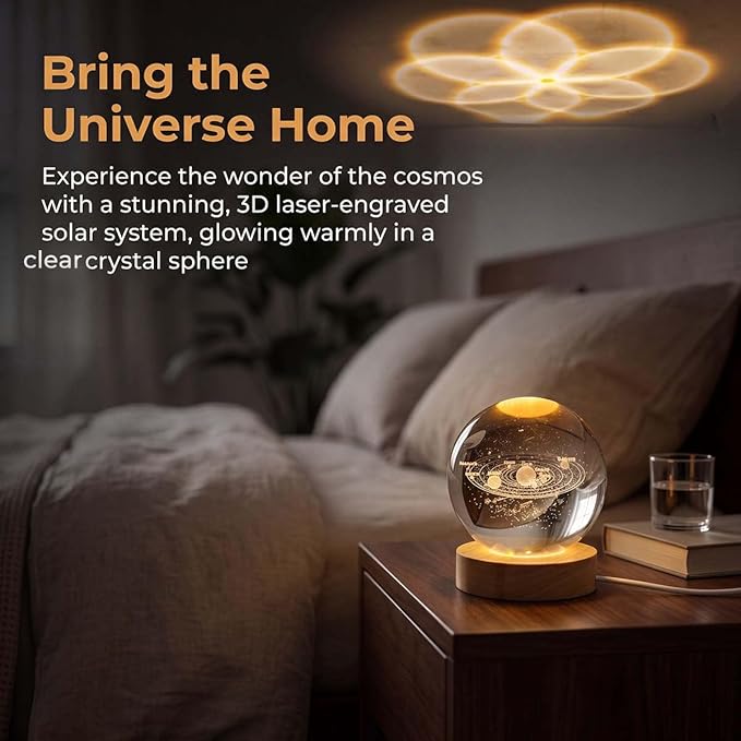 3.15" (80mm) Solar System Crystal Ball 3D Sun System Planets Model Globe with Wooden Base Home Decorative Ornament Astronomy Gifts for Lover Girlfriend
