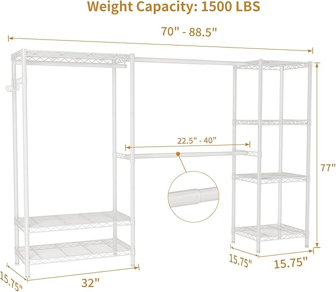 Heavy Duty Garment Rack Clothes Rack,Large Metal Closet Organizer System Storage Wardrobe,Freestanding Clothing Rack with 9 Adjustable Wire Shelves&3 Hang Rods,MaxLoad 1500lbs White