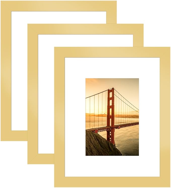 8x10 Picture Frame 3 Pack - Gold Poster Frame Display Pictures 5x7 with Mat or 8 x 10 Without Mat for Wall Hanging Horizontal and Vertical