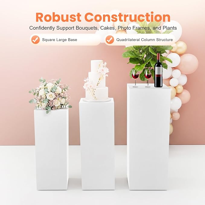 3Pcs Square Display Pedestal Stands Set for Party, Metal Display Stand Plinth Pillars, Cake Stands Pillars for Wedding Birthday Art Decor Risers, 11.8*31.5" (L), 11.02*25.6" (M), 10.24*23.6" (S)