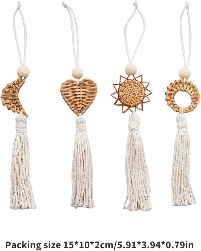 Set of 4 Handwoven Wall Hanging Natural Fiber Pendants Decors with Cotton Tassels for Living Room Aesthetic Ornaments Cotton Rope Tassels Hanging Charm