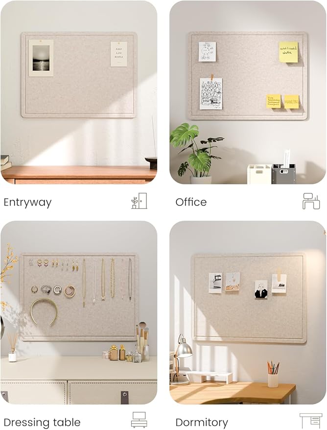 Fluxynara Bulletin Board, 23.6" x 17.5" Cork Board Alternative with 12 Safe Removable Adhesive Tabs, Foldable Felt Pin Board for Home Office, Classroom, Bedroom,Entryway for Walls—Oatmeal