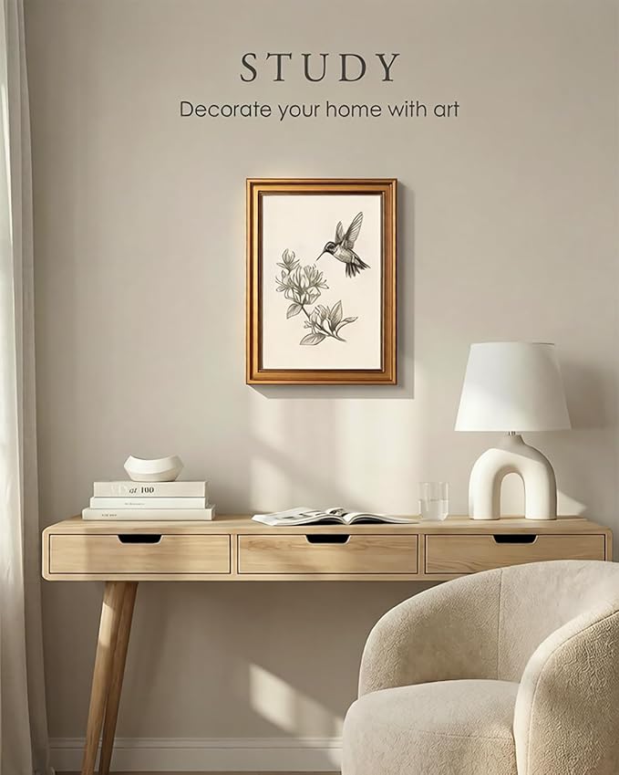 VIYYIEA Vintage Gold Framed Wall Art for Living Room, Bird & Flower Canvas Prints Home Decor, Sketch Painting Picture, Bedroom Wall Decor Gifts for Friends or Family -【Wings and Blooms】-(16L x 12W)