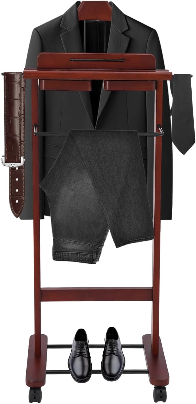 Wood Valet Suit Rack, Freestanding Vintage Garment Rack for Men Women, Heavy Duty Rolling Coat Stand, Valet Stand Clothing Suit Organizer for Entryway, Bedroom, Office(Reddish Orange)