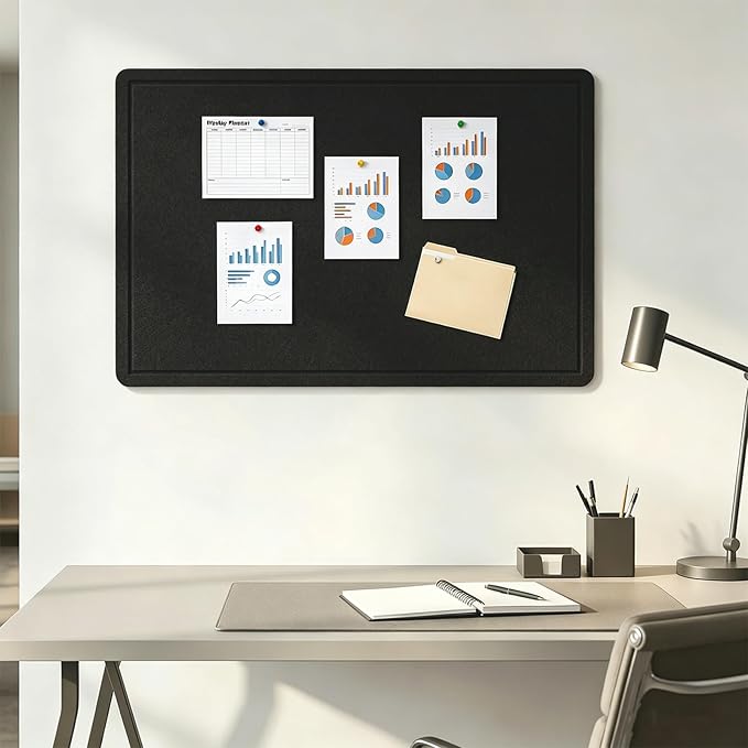 Cork Board Alternative, Decorative Foldable Felt Bulletin Board 24 * 16 Inches, Alternative Photo Board Self-Adhesive Vision Board, Decorative Pin Board (Rectangle Black)