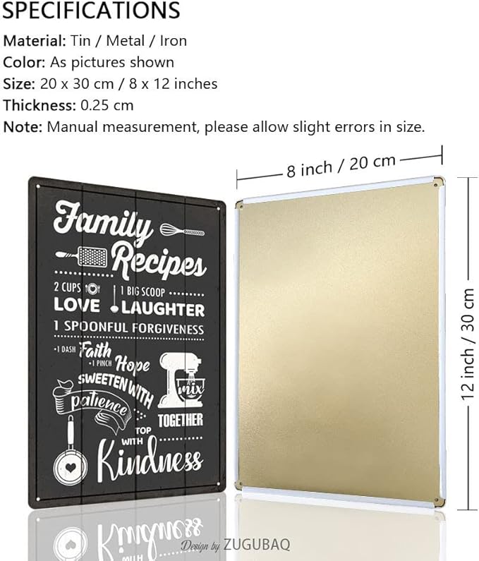 Funny Kitchen Signs Decor-Kitchen Farmhouse Decor-Personalized Kitchen Metal Sign-Retro Kitchen Counter Accessories-12x8 Inch Hanging Plaque Home Wall Decorations-Family Recipes Carbon Gray