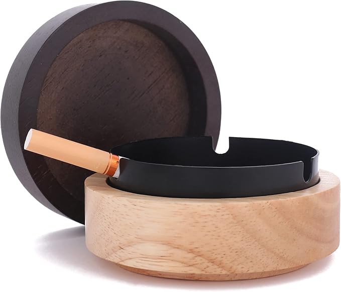 Portable Cool Ashtrays for Cigarettes Ash Tray with Lid FriyGardcn Wooden Ashtray with Cute Decorative Windproof Ash Tray for Home,Patio,Office,Outdoors,Indoor,Parties