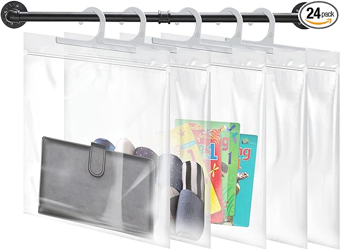 Hanging Storage Bags 24 Pack, Large Hook 10 x 12.5-inch Clear Plastic Bags for Classroom, Library and Pharmacy Use