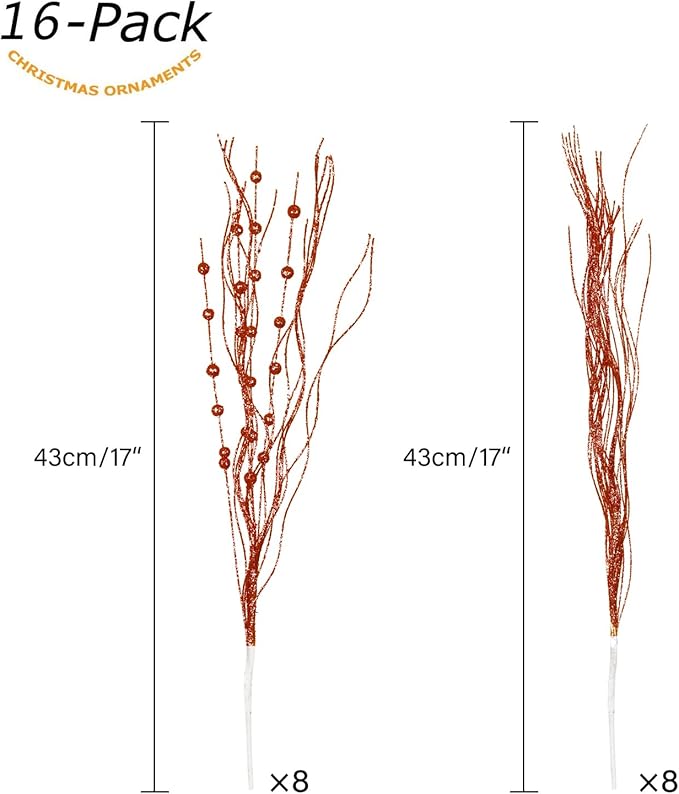 SLK 16-Pack Artificial Glitter Berry Stem Ornaments, Christmas Decorative Glittery Twigs, Picks, Branches for Tree, Wreath, Small Vase, Party (Red)