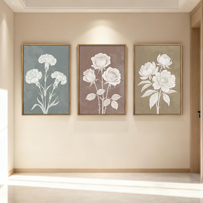 BINCUE Boho Floral Wall Painting Framed Botanical Wall Art Decor Flower Print Flower Artwork Floral Art Prints Flowers Pictures for Living Room Bedroom Dining Room Farmhouse 16x24 Inch Set of 3 Gift