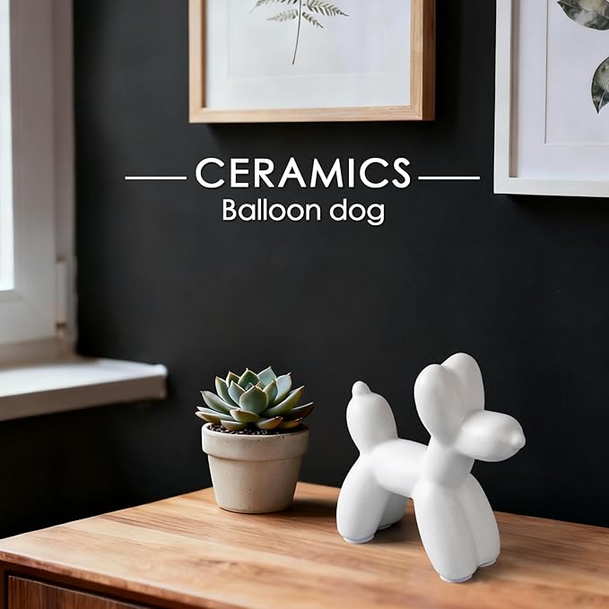 Notakia Cute Ceramics White Balloon Dog Statue Crafts Living Room Desktop Decorations,Handmade Modern Small Ceramic Animal Statue Ornament Home Decor Accents (White, Small)