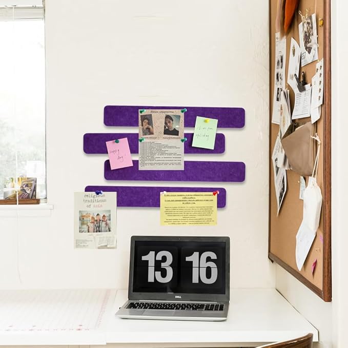 Vuzvuv 8 pcs Bulletin Board Bar Strips with 50 Pushpins & 10 Wooden Clip pins，Self Adhesive Cork Board for Wall，Felt Pin Board for School，Office Decor(Purple)