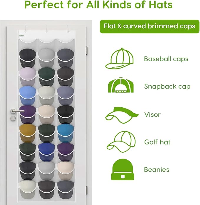 Unjumbly Baseball Hat Rack, 27 Pocket Over-The-Door Hat Organizer with Clear Deep Pockets to Display Baseball Caps Collection, Complete with 3 Over Door Hooks (White, 27 Pockets)
