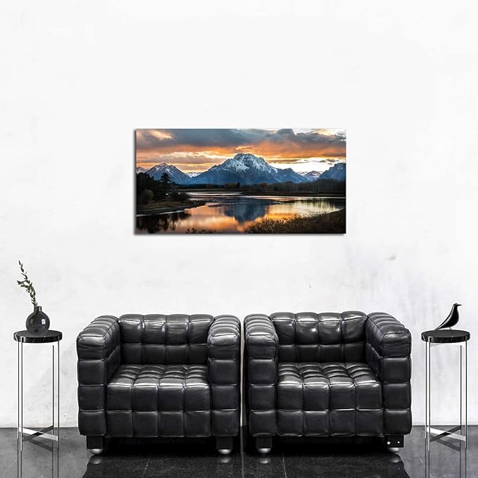 Grand Teton Mountain Wall Art National Park Posters Sunset Oxbow Bend Scenery Wall Picture Snake River Landscape Wall Art Nature Wyoming Painting Artwork for Living Room Bedroom Home Decoration 24x48"