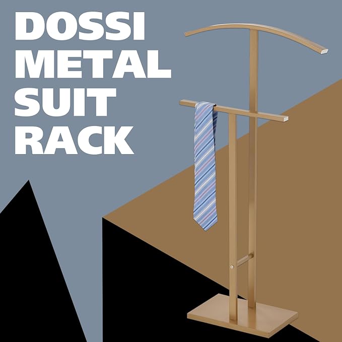 Kings Brand Furniture Dossi Modern Metal Suit Valet Stand, Clothes Rack Organizer with Jacket, Pants & Tie Holder, Space-Saving Garment Rack for Bedroom or Closet (Gold)