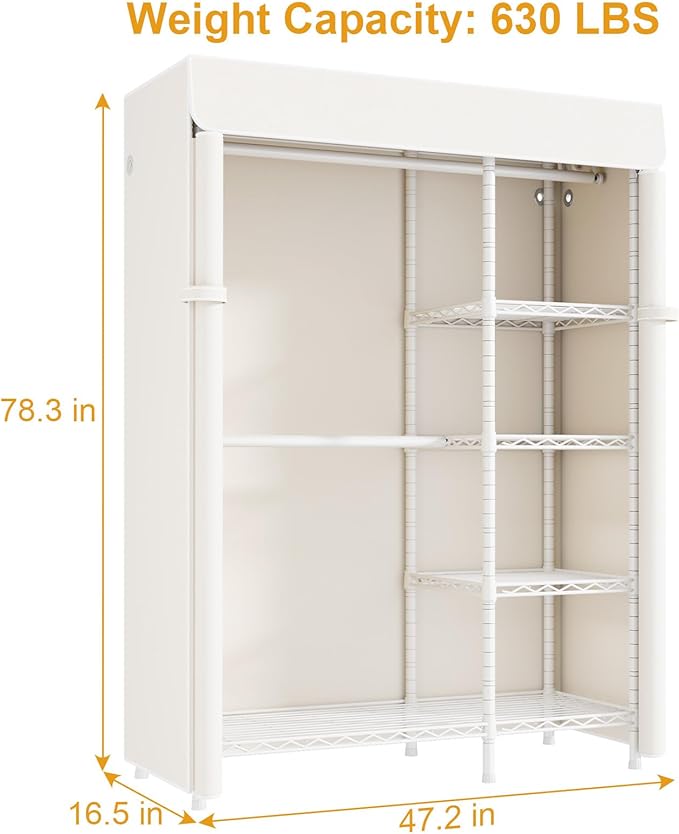 F2C Clothes Rack with Cover, Clothing Racks for Hanging Clothes, Heavy Duty Garment Rack with Shelves and Hanger Rods, White Closet with Beige Cover, 47.2" W x 16.5" D x 78.3" H, Load 630lbs