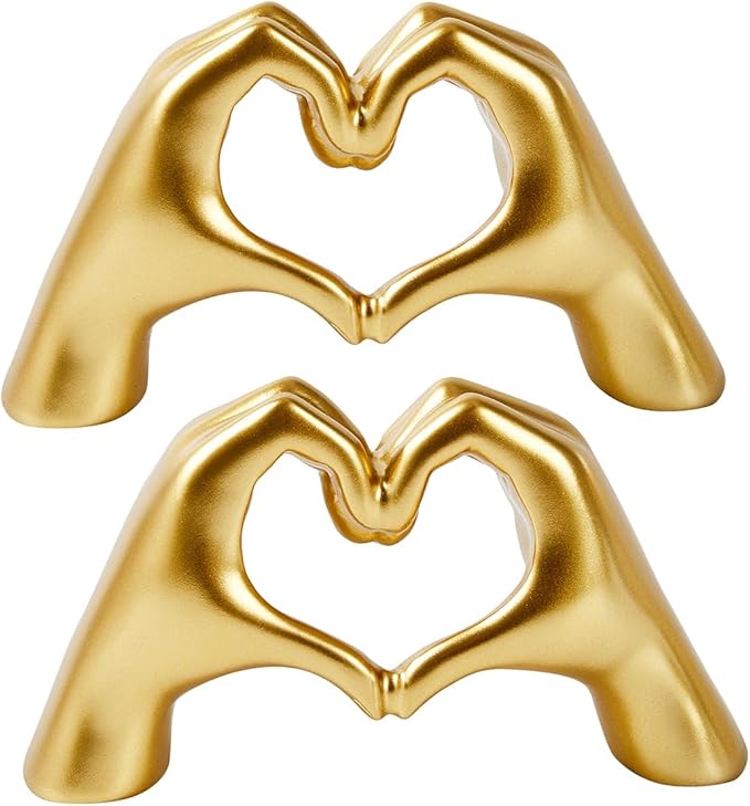 2 Pack Golden Heart Hands Decoration, Mini Modern Love Gesture Statue Finger, Abstract Art Sculpture Resin Home Wedding Decoration
