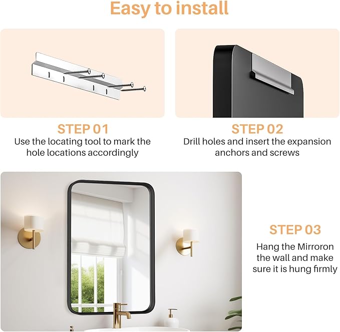 Bathroom Mirror for Wall, 36x24 Inch Rounded Rectangle Mirror, Black Metal Framed Bathroom Vanity Mirror for Restroom Farmhouse, Anti-Rust, Tempered Glass, Horizontally or Vertically Hanging