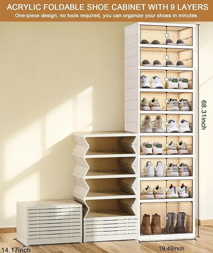 Elayce Foldable Shoe Rack Organizer, 9-Tier (8+1 Tall) Double-Row Shoe Storage Cabinet, Installation-Free Stackable Shoe Boxes with Clear Magnetic Doors for Entryway & Closet (White) (2)