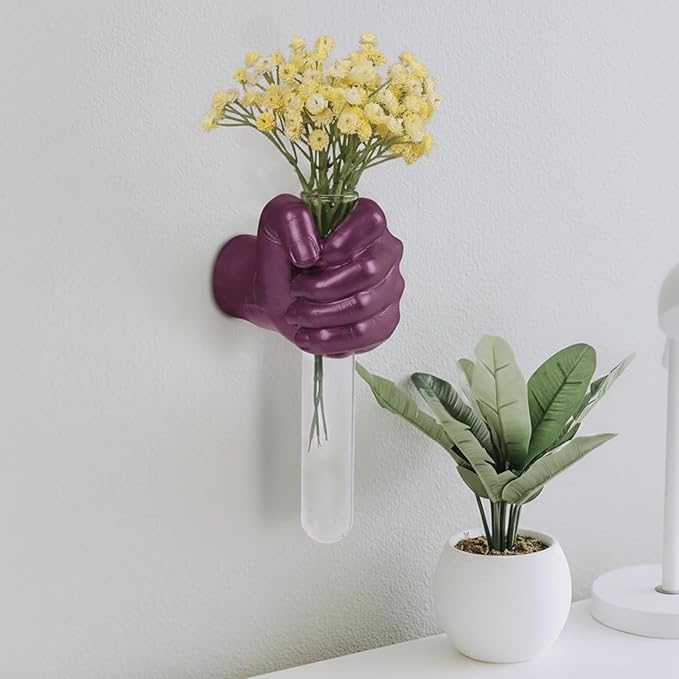 Purple Wall Sculptures, Hand Vases Home Decor, Wall Mount Art Sculpture, Unique Wall Art Statue, Funky Flower Vase Decorations, Modern Eclectic Hanging Decor,Glass Test Tube Vase(Purple)