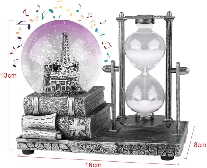 LED MusicCrystal Snow Globe， Sand Timer ，Hourglass,Home Decor,Table Decor for Living Room ，Office Desk Decorations[ Silver Tower]
