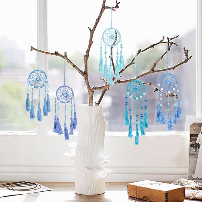 INFUNLY 12PCS DIY Small Dream Catcher Kit Handmade Blue Dreamcatcher for Adult Beginners DIY Mini Hanging Ornament Starter Making Kit for Bedroom Car Mirror Keychain bag Bohemian Decoration Craft Gift