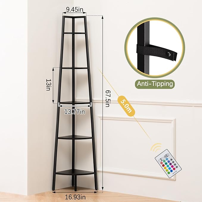 Yoobure Corner Shelf Stand, 5-Tier Bookshelf with LED Lights & Steel Frame, Tall Storage Shelves for Living Room, Bedroom, Office, Multi-Purpose Display Bookcase