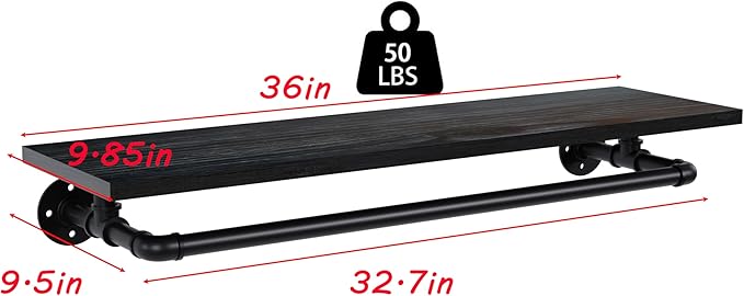 Black Clothes Rack 36in, Wall Mounted Garment Rack with Black Real Wood Shelf, Heavy Duty Hanging Clothes Rack, Multi-Purpose Hanging Rod, Space-Saving Closet Storage