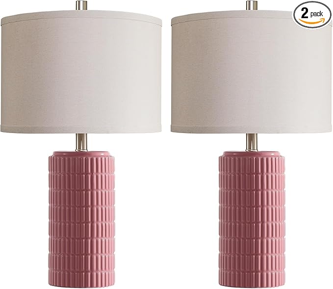 AIEAMPDO 23" Set of 2 Pink Modern Farmhouse Ceramic Table Lamps for Bedroom | Modern Farmhouse Nightstand Table Lamps For Living Room, End Table And Entryway, 2 LED Bulbs Included
