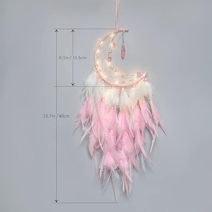 Dremisland Moon Dream Catcher with Fairy Lights-Handmade Feather Lucky Turquoise Pendant Beads Wall Hanging Ornament for Kids Bedroom Home Decoration,Art Craft Gift. (Pink&White)