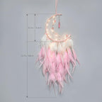 Dremisland Moon Dream Catcher with Fairy Lights-Handmade Feather Lucky Turquoise Pendant Beads Wall Hanging Ornament for Kids Bedroom Home Decoration,Art Craft Gift. (Pink&White)