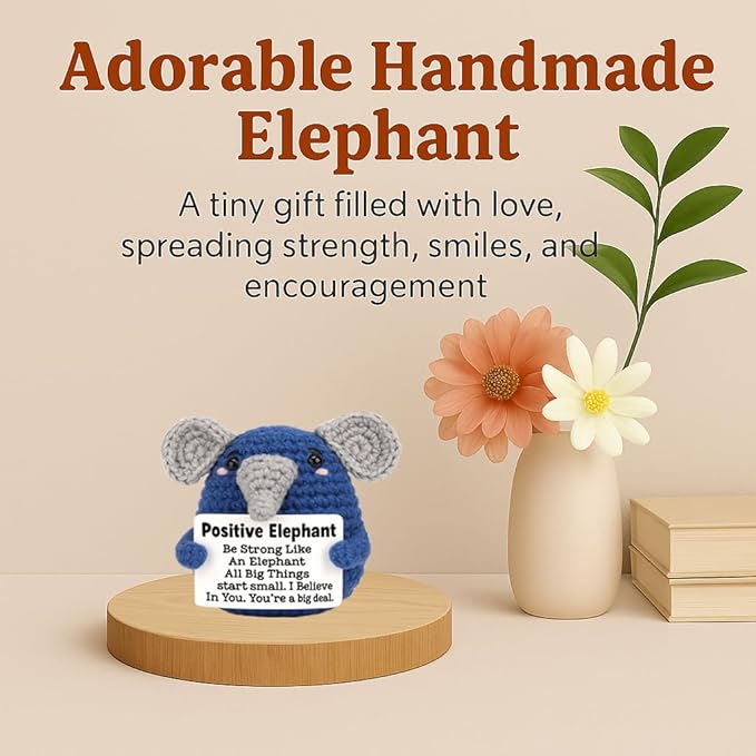 Mini Crochet Elephant Gift with Positive Card, Handmade Emotional Support Animal Doll, Cute Cheer Up Encouragement Gift for Women Men Friends, Graduation Birthday Desk Decor
